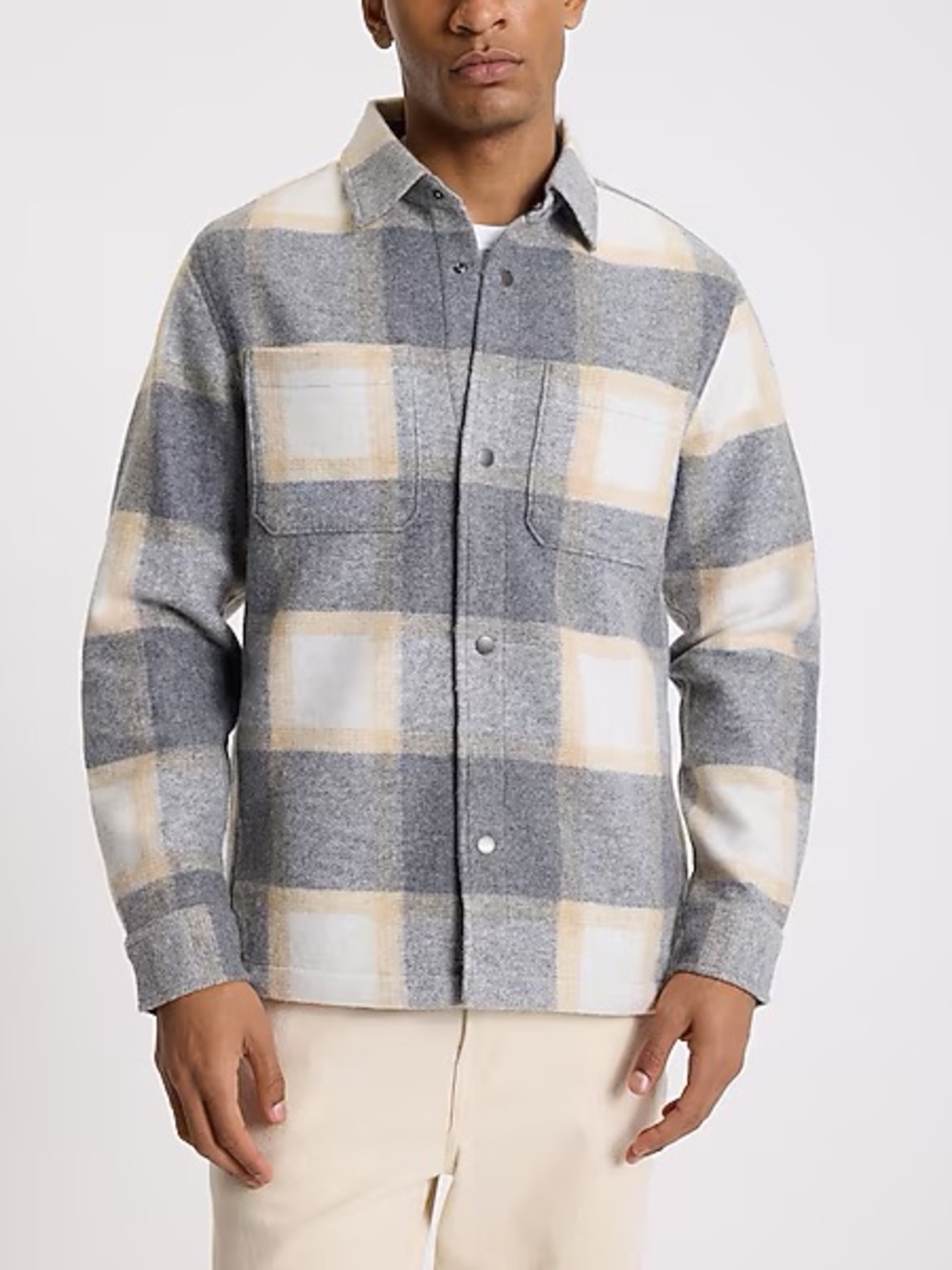 Express Men's Plaid Button-Up Shacket in Grey and Blue